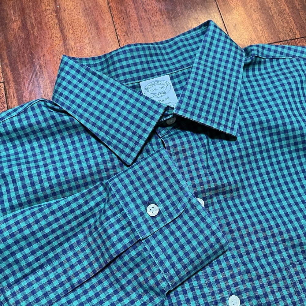 Brooks Brothers Shirt Men 16.5 36 Blue Green Check Regent Non-Iron Stretch 1818